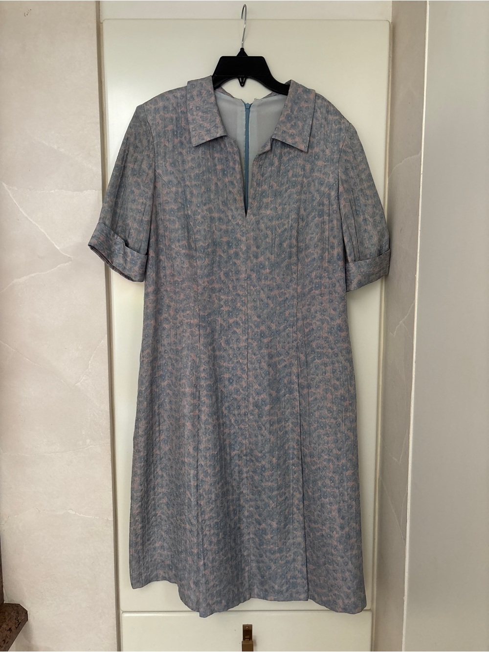 VINTAGE Collared Floral Midi A-Line Dress in Soft Blue-Pink